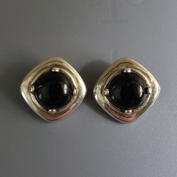 925 Sterling Silver and Onxy Clip On Earrings - Picture 1 of 5